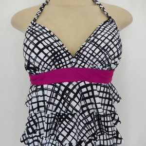 Tankini Swim Top Waterfall Tiered Ruffle Black White halter LARGE Catalina new